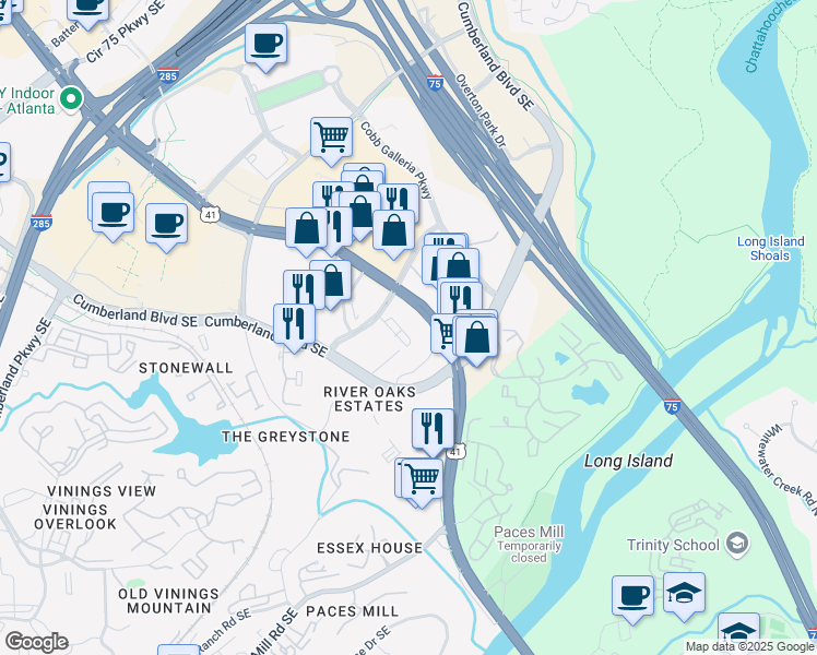 map of restaurants, bars, coffee shops, grocery stores, and more near 3350 Riverwood Parkway in Atlanta