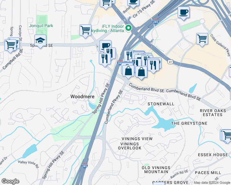 map of restaurants, bars, coffee shops, grocery stores, and more near 2755 Cumberland Parkway Southeast in Atlanta