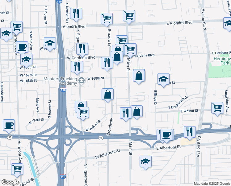map of restaurants, bars, coffee shops, grocery stores, and more near 16928 South Broadway in Gardena