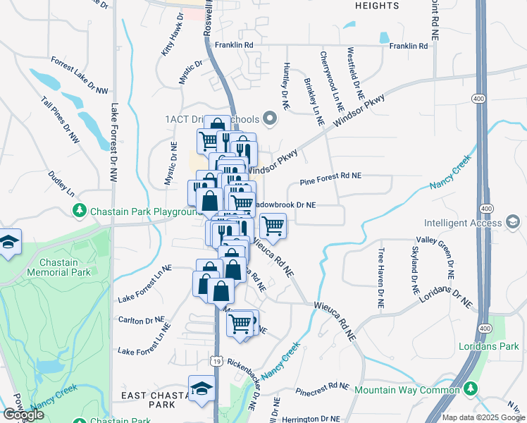 map of restaurants, bars, coffee shops, grocery stores, and more near 281 Meadowbrook Drive Northeast in Atlanta