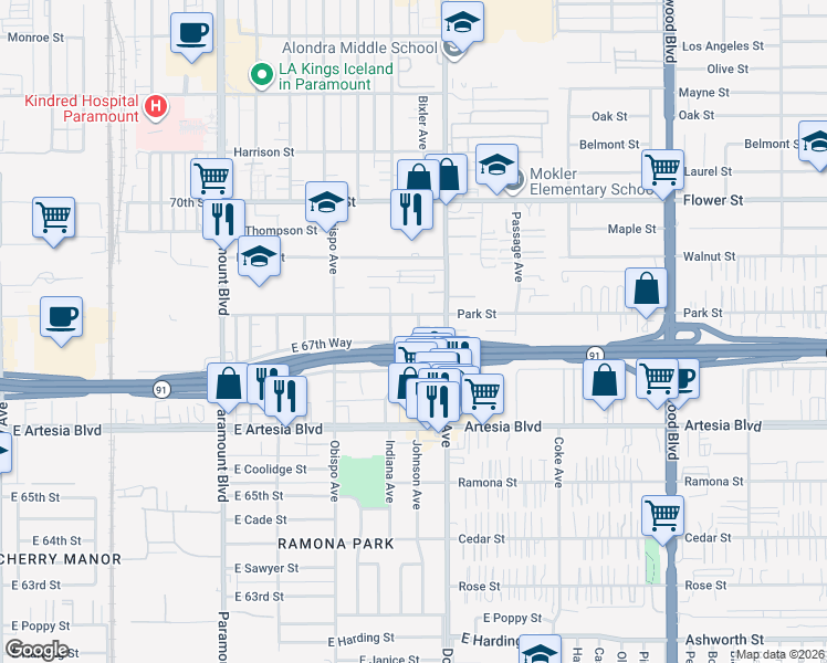 map of restaurants, bars, coffee shops, grocery stores, and more near 6771 Johnson Avenue in Long Beach