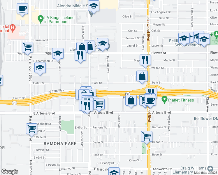 map of restaurants, bars, coffee shops, grocery stores, and more near 17114 Passage Avenue in Bellflower