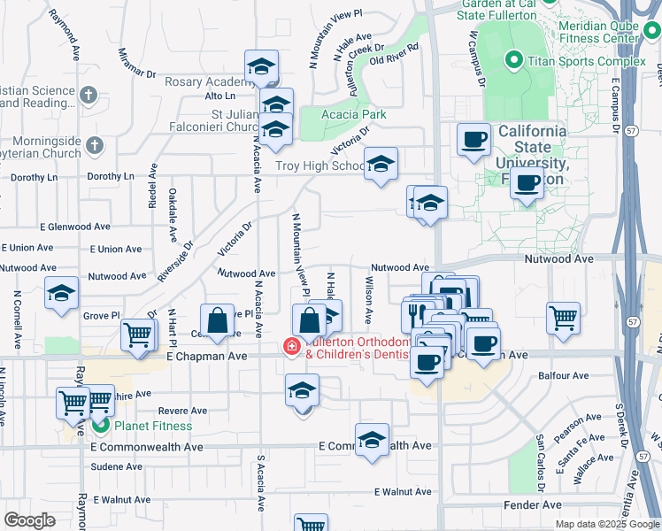 map of restaurants, bars, coffee shops, grocery stores, and more near Nutwood Avenue in Fullerton