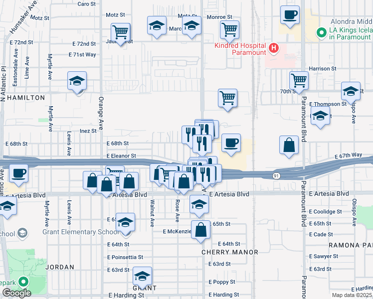 map of restaurants, bars, coffee shops, grocery stores, and more near 6769 Gardenia Avenue in Long Beach