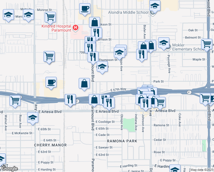 map of restaurants, bars, coffee shops, grocery stores, and more near 6755 North Orizaba Avenue in Long Beach