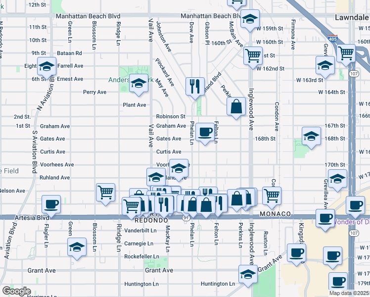 map of restaurants, bars, coffee shops, grocery stores, and more near 2417 Curtis Avenue in Redondo Beach
