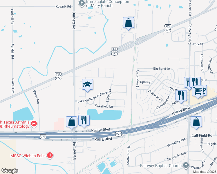 map of restaurants, bars, coffee shops, grocery stores, and more near 3422 Stirling Street in Wichita Falls