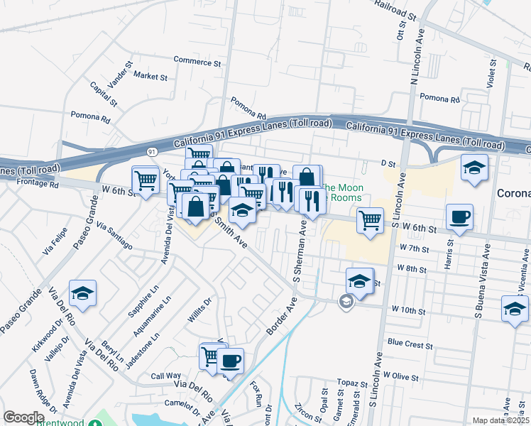map of restaurants, bars, coffee shops, grocery stores, and more near 1358 West 6th Street in Corona