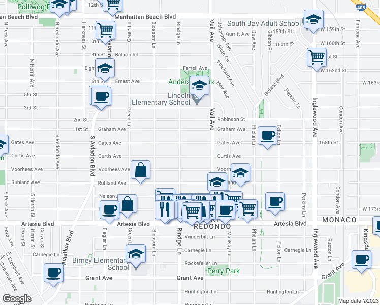 map of restaurants, bars, coffee shops, grocery stores, and more near in Redondo Beach