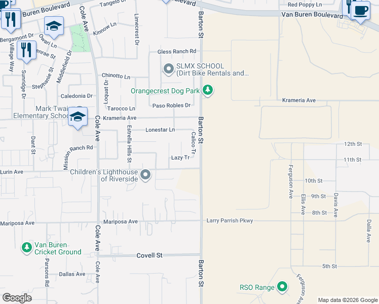 map of restaurants, bars, coffee shops, grocery stores, and more near 9549 Calico Tr in Riverside