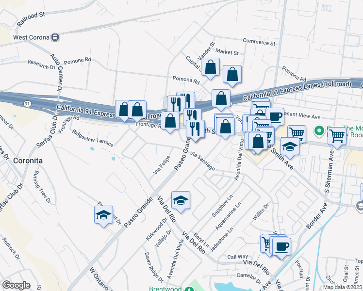 map of restaurants, bars, coffee shops, grocery stores, and more near 639 Paseo Grande in Corona