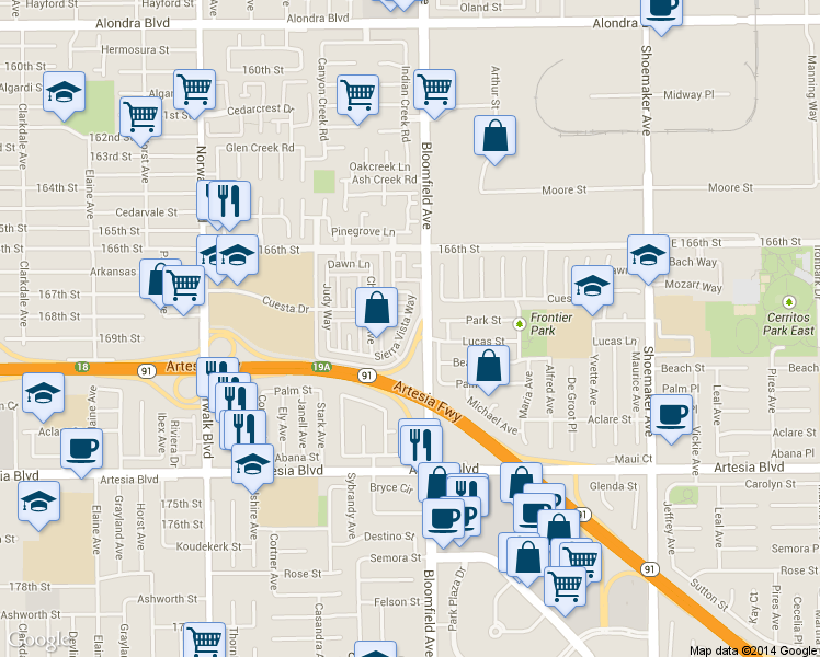 map of restaurants, bars, coffee shops, grocery stores, and more near 16920 Sierra Vista Way in Cerritos