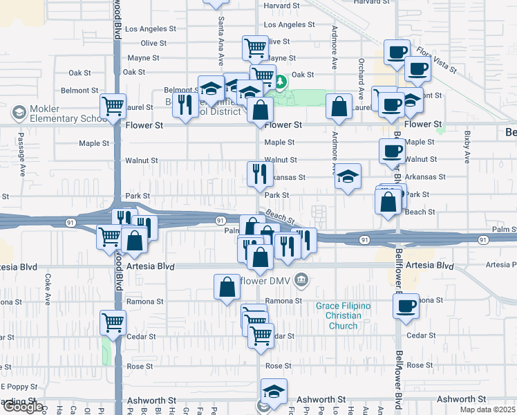 map of restaurants, bars, coffee shops, grocery stores, and more near 17120 Clark Avenue in Bellflower