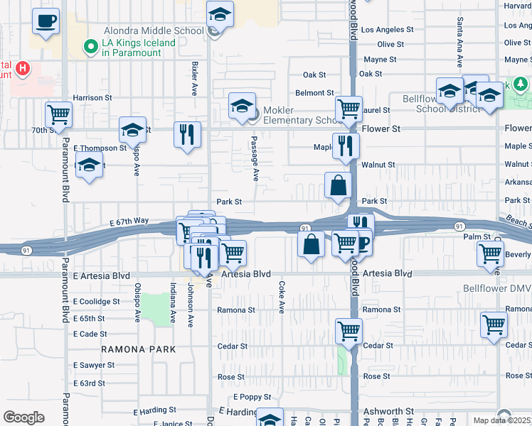 map of restaurants, bars, coffee shops, grocery stores, and more near 17114 Passage Avenue in Bellflower