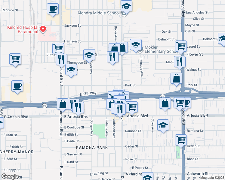 map of restaurants, bars, coffee shops, grocery stores, and more near 6751 Downey Avenue in Long Beach