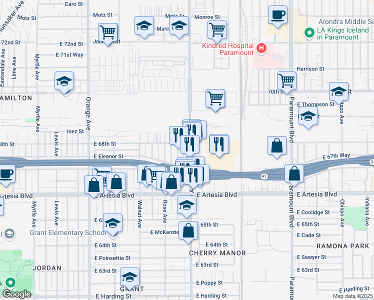 map of restaurants, bars, coffee shops, grocery stores, and more near 6760 Cherry Avenue in Long Beach