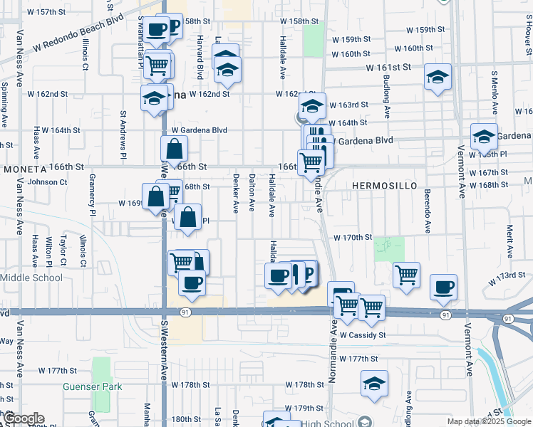 map of restaurants, bars, coffee shops, grocery stores, and more near 16926 Dalton Avenue in Gardena