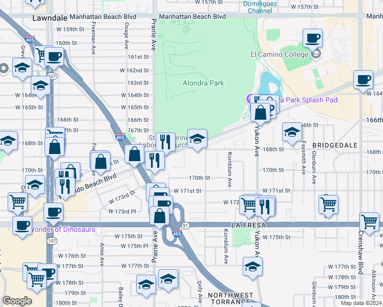 map of restaurants, bars, coffee shops, grocery stores, and more near 16822 Thornburgh Avenue in Torrance