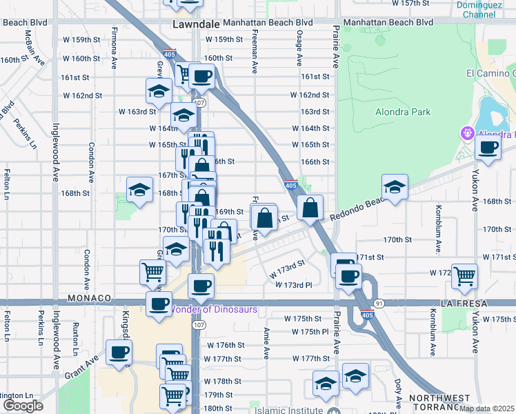 map of restaurants, bars, coffee shops, grocery stores, and more near 4170 169th Street in Lawndale
