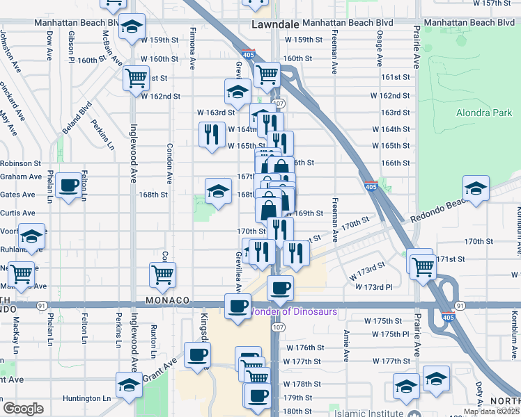map of restaurants, bars, coffee shops, grocery stores, and more near in Lawndale