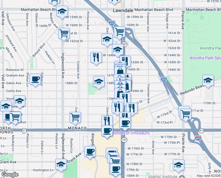 map of restaurants, bars, coffee shops, grocery stores, and more near 4446 169th Street in Lawndale