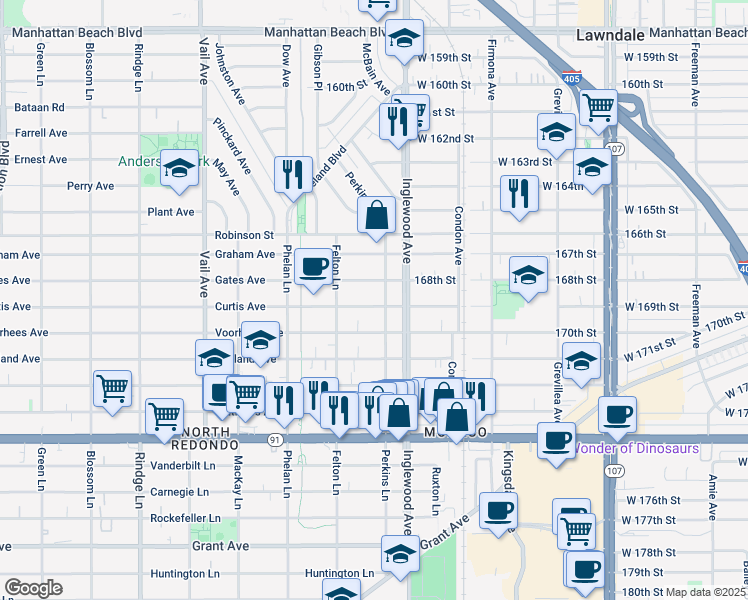 map of restaurants, bars, coffee shops, grocery stores, and more near 2700 Curtis Avenue in Redondo Beach