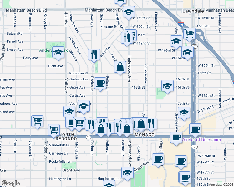 map of restaurants, bars, coffee shops, grocery stores, and more near 2608 Curtis Avenue in Redondo Beach