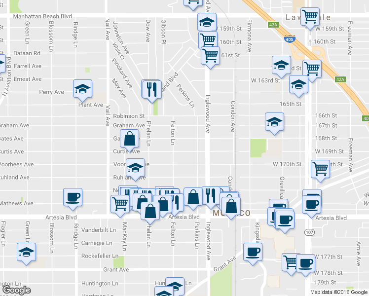 map of restaurants, bars, coffee shops, grocery stores, and more near 2608 Curtis Avenue in Redondo Beach