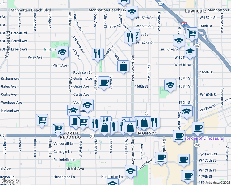 map of restaurants, bars, coffee shops, grocery stores, and more near 2608 Curtis Avenue in Redondo Beach