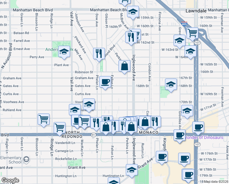 map of restaurants, bars, coffee shops, grocery stores, and more near 2608 Curtis Avenue in Redondo Beach