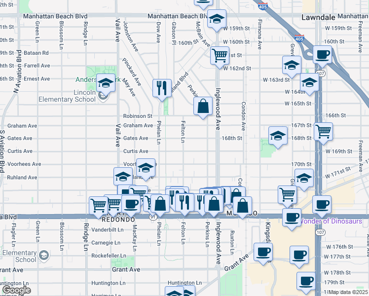 map of restaurants, bars, coffee shops, grocery stores, and more near 2608 Curtis Avenue in Redondo Beach