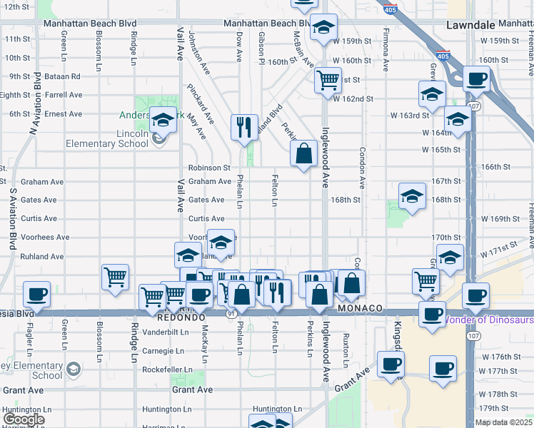 map of restaurants, bars, coffee shops, grocery stores, and more near 2516 Curtis Avenue in Redondo Beach