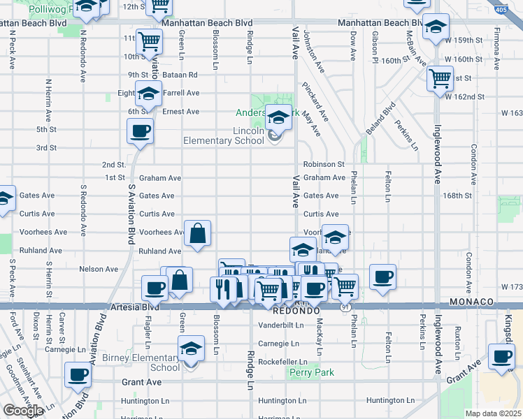 map of restaurants, bars, coffee shops, grocery stores, and more near 2200 Curtis Avenue in Redondo Beach