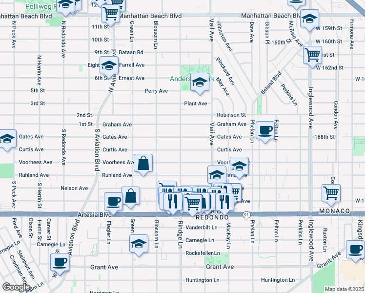map of restaurants, bars, coffee shops, grocery stores, and more near 2200 Curtis Avenue in Redondo Beach