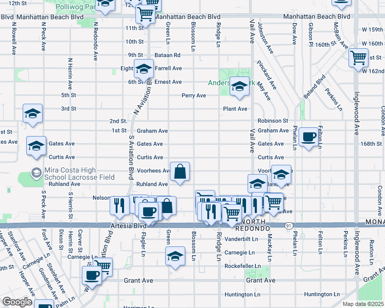 map of restaurants, bars, coffee shops, grocery stores, and more near 2016 Curtis Avenue in Redondo Beach