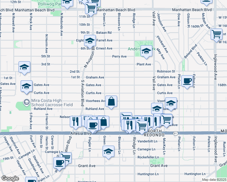 map of restaurants, bars, coffee shops, grocery stores, and more near 2016 Curtis Avenue in Redondo Beach