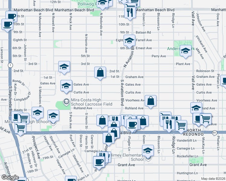 map of restaurants, bars, coffee shops, grocery stores, and more near 1746 Curtis Avenue in Manhattan Beach