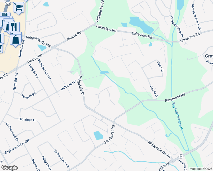 map of restaurants, bars, coffee shops, grocery stores, and more near 1605 Little Lisa Lane in Snellville