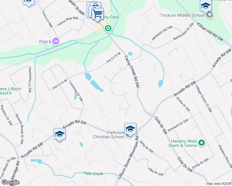 map of restaurants, bars, coffee shops, grocery stores, and more near 5048 Woodfall Drive Southwest in Lilburn
