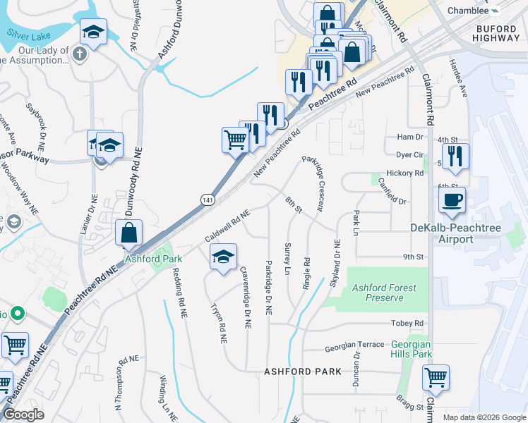 map of restaurants, bars, coffee shops, grocery stores, and more near 3201 Caldwell Road Northeast in Atlanta