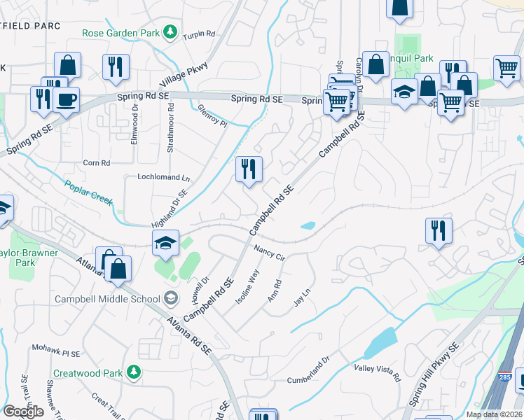 map of restaurants, bars, coffee shops, grocery stores, and more near 2162 Goodwood Boulevard Southeast in Smyrna