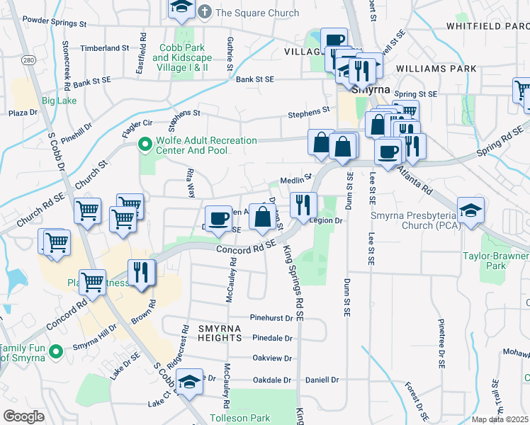 map of restaurants, bars, coffee shops, grocery stores, and more near 1130 McLinden Avenue Southeast in Smyrna