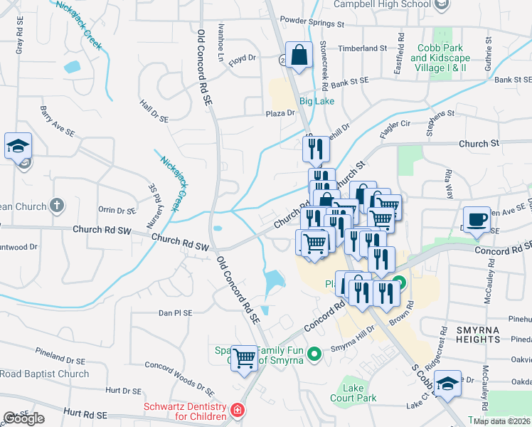 map of restaurants, bars, coffee shops, grocery stores, and more near 1012 Candela Lane in Smyrna