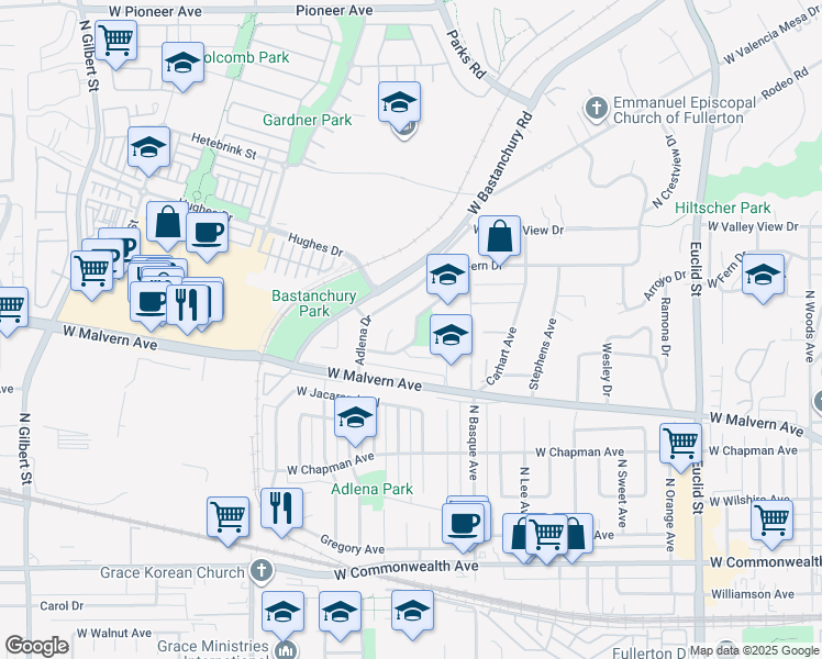 map of restaurants, bars, coffee shops, grocery stores, and more near 1613 West Fern Drive in Fullerton