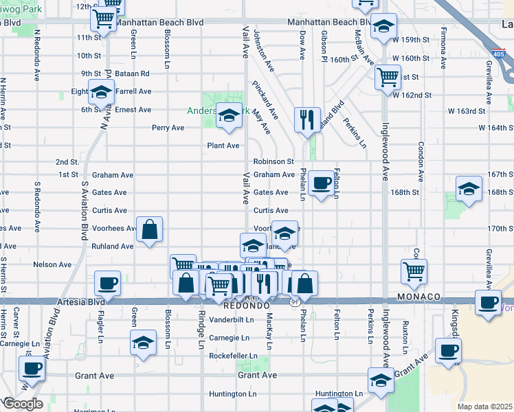 map of restaurants, bars, coffee shops, grocery stores, and more near 2307 1/2 Curtis Avenue in Redondo Beach