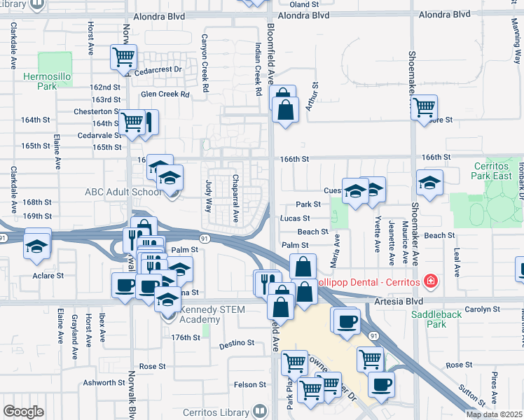 map of restaurants, bars, coffee shops, grocery stores, and more near 16850 Sierra Vista Way in Artesia