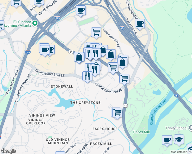 map of restaurants, bars, coffee shops, grocery stores, and more near 3225 Cumberland Boulevard Southeast in Atlanta