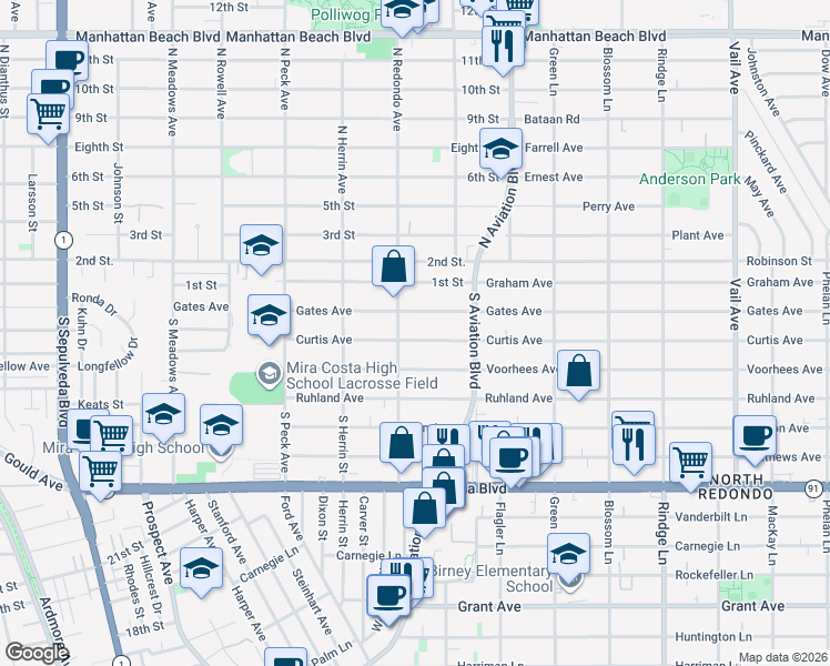 map of restaurants, bars, coffee shops, grocery stores, and more near 1717 Curtis Avenue in Manhattan Beach