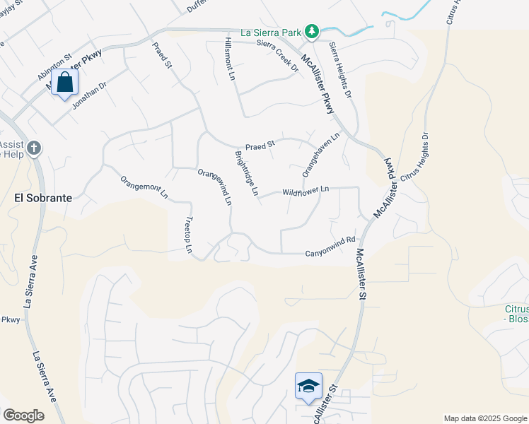 map of restaurants, bars, coffee shops, grocery stores, and more near 16595 Brightridge Lane in Riverside
