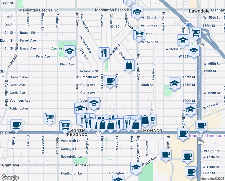 map of restaurants, bars, coffee shops, grocery stores, and more near 2517 Curtis Avenue in Redondo Beach